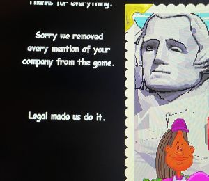 A snippet from the credits in the Backyard Baseball '97 re-release, referring to the removal of Humongous Entertainment.