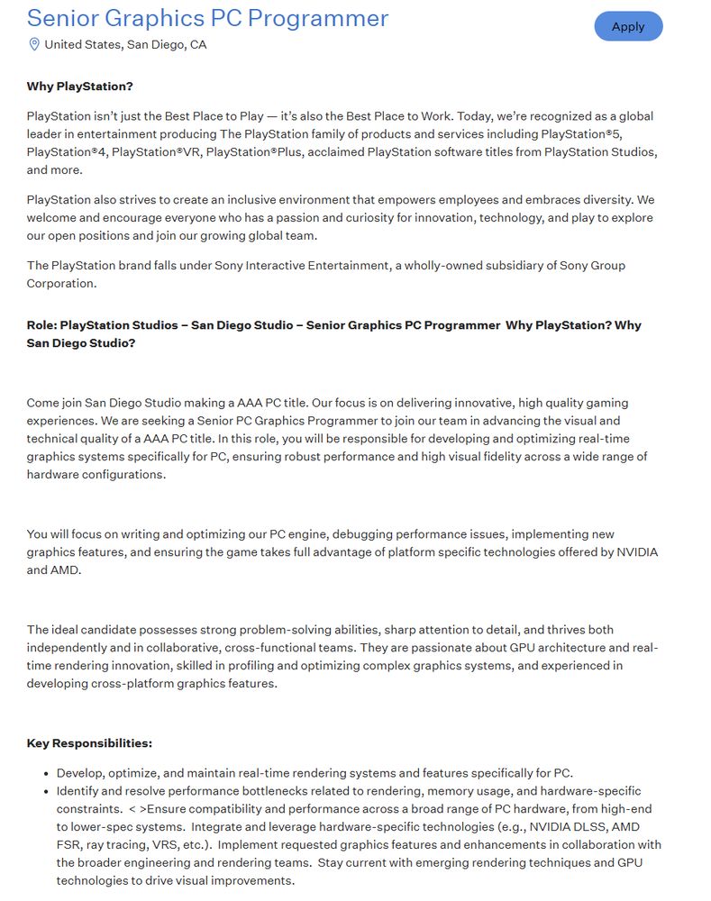 A job listing for a Senior Graphics Programmer with San Diego Studio. "Come join San Diego Studio making a AAA PC title."
